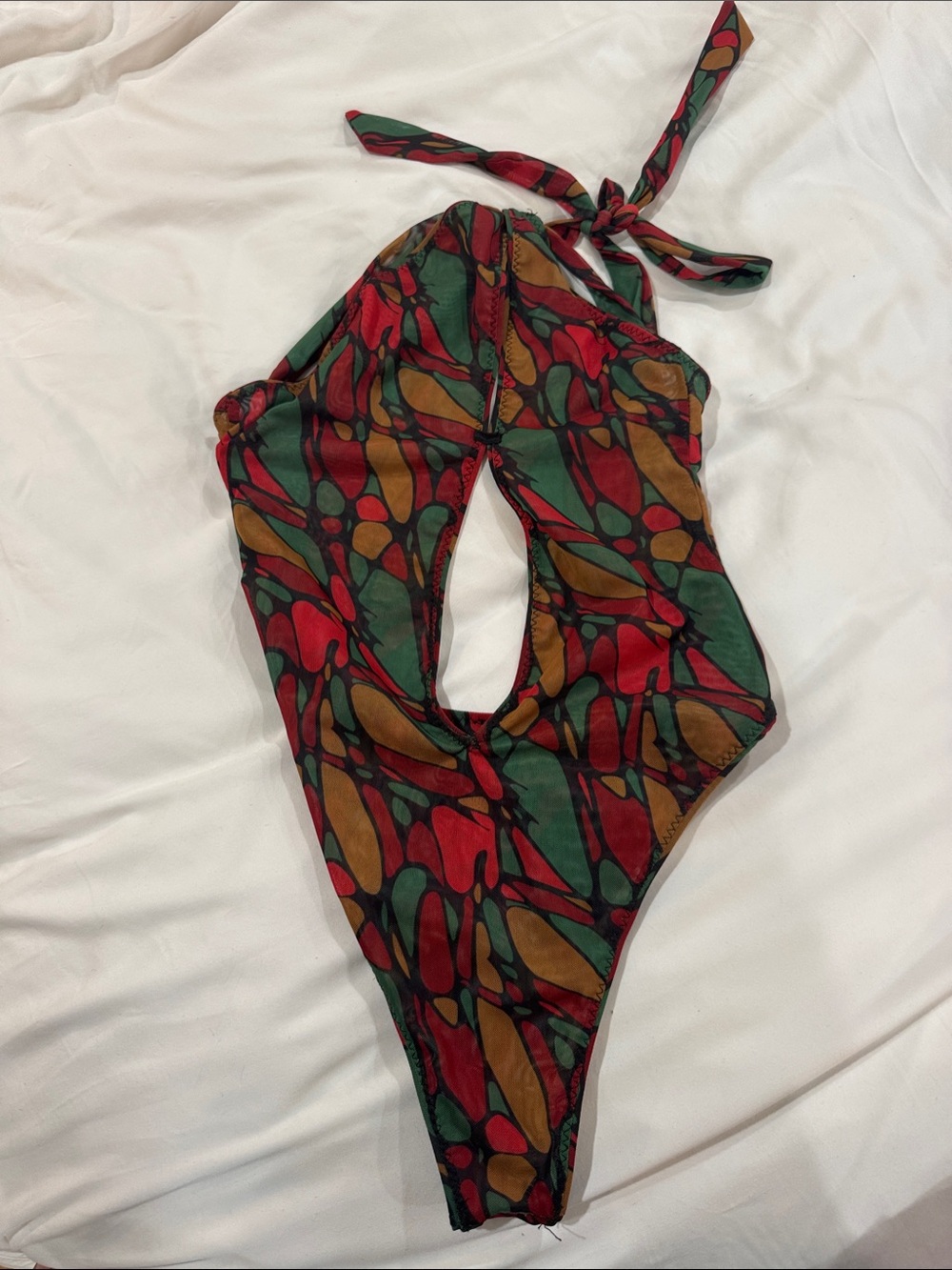 Abstract Halter One-Piece Swimsuit in Red, Green & Brown